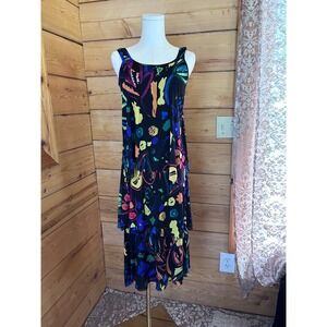 Abstract Print Maxi Dress Womens Small‎ Black Neon Tiered Layered Elena Wang